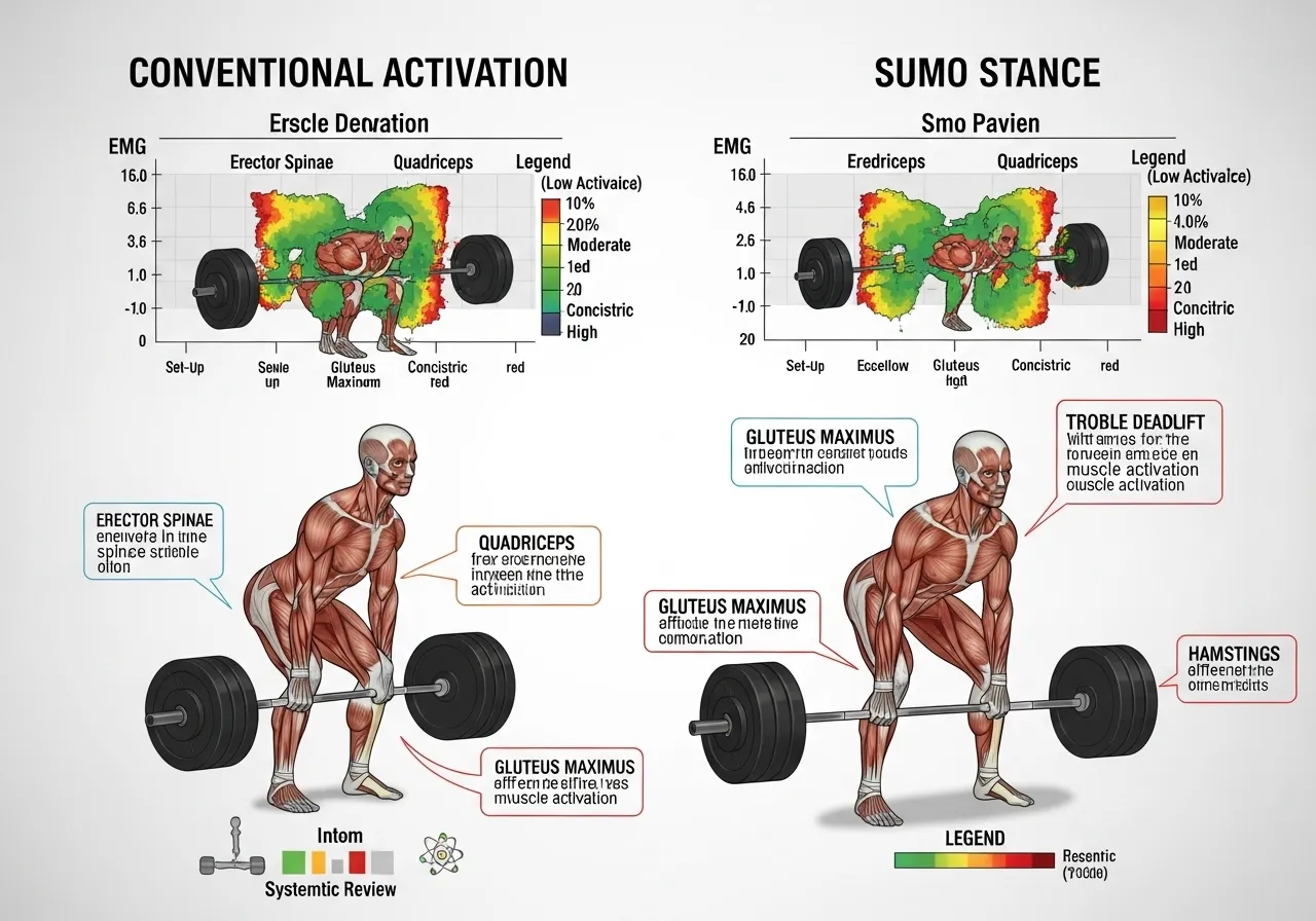 deadlift EMG research conventional sumo muscle activation map erector spinae quads hamstrings