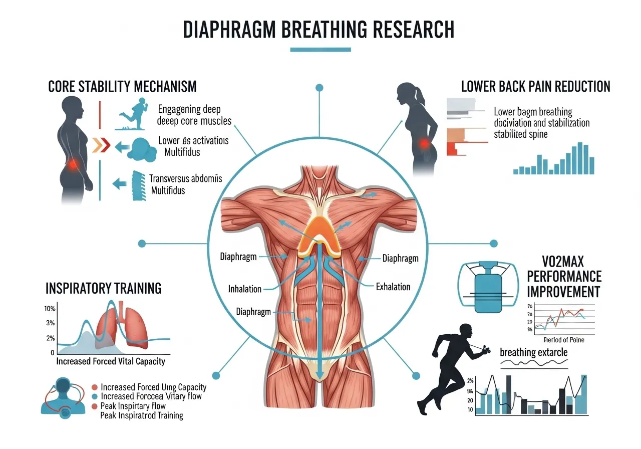 diaphragm core stability research infographic showing intra-abdominal pressure mechanism transversus abdominis pelvic floor multifidus connection data