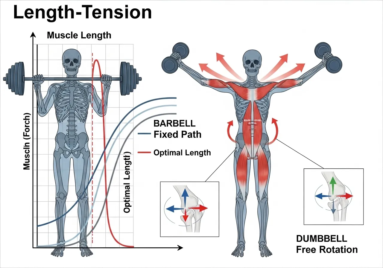 dumbbell biomechanics guide showing shoulder range of motion advantage length tension relationship rotational freedom versus barbell comparison diagram