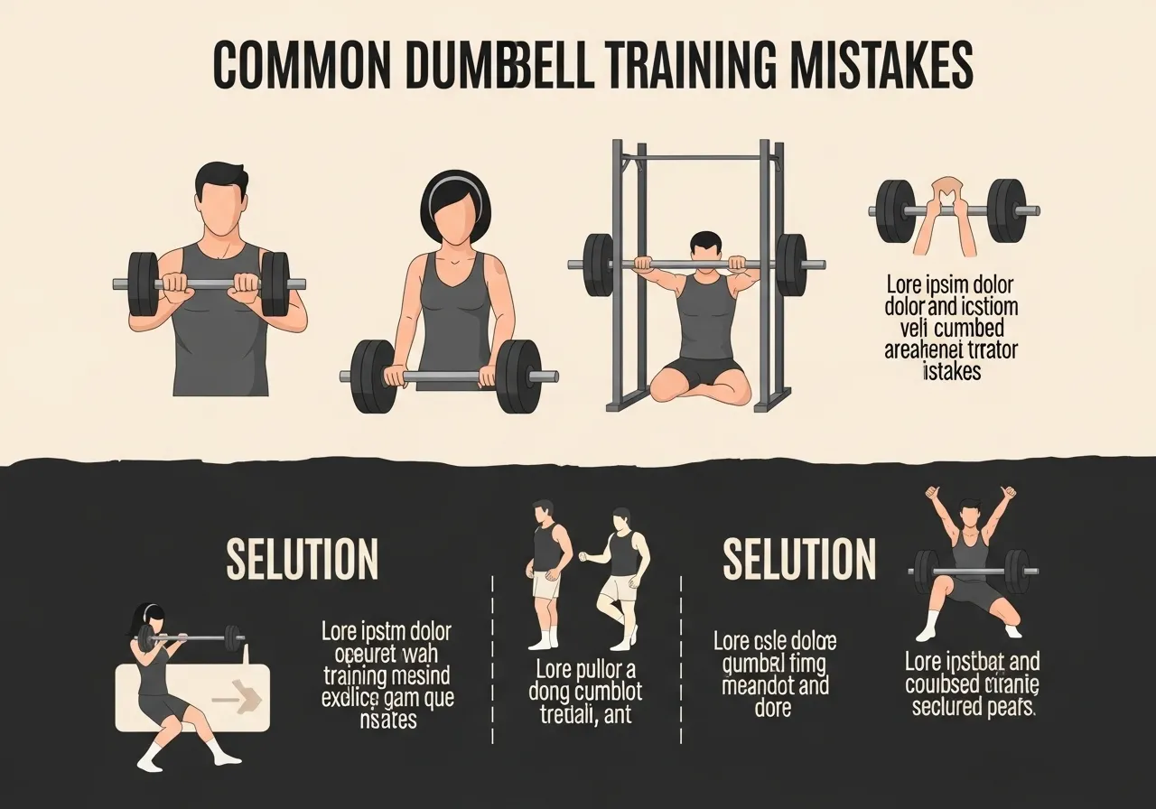 dumbbell training mistakes guide showing underloading partial range bilateral only no eccentric no progression with correction strategies