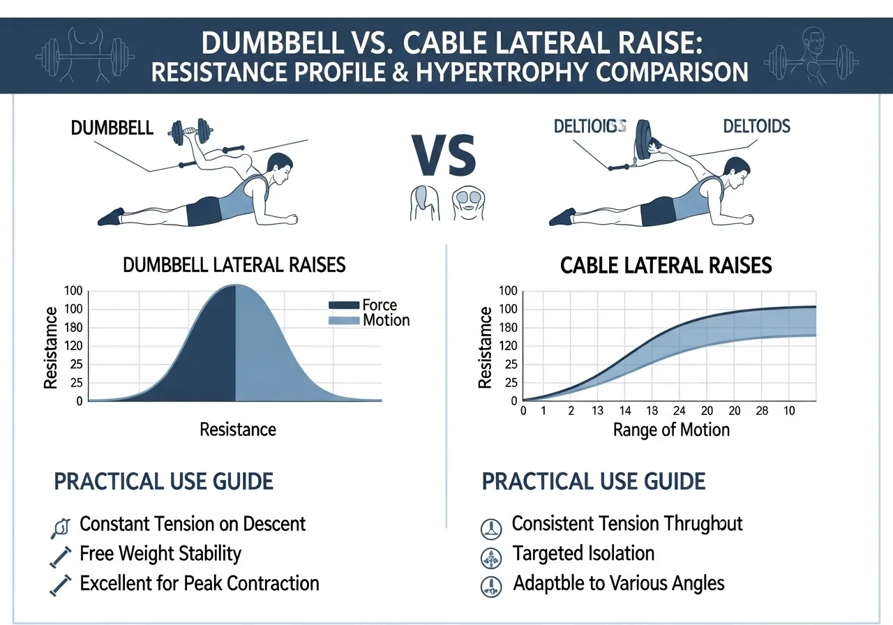dumbbell versus cable lateral raise hypertrophy comparison infographic showing no significant difference resistance profile practical selection