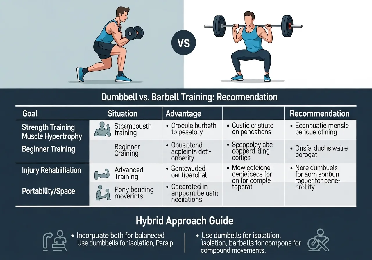 dumbbell vs barbell comparison table showing strength hypertrophy shoulder health unilateral correction home training recommendation when to choose each