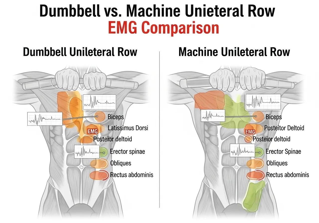 dumbbell vs machine EMG research infographic showing cable selectorized free weight comparison stabiliser activation unilateral bilateral core activation findings