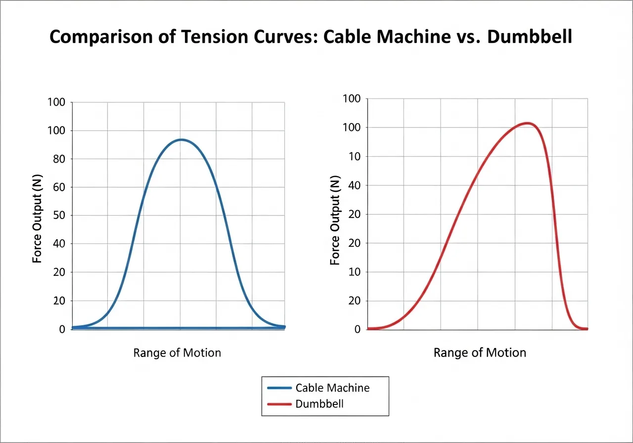 educational diagram comparing tension curve of cable machine vs dumbbell during exercise, force output graph over range of motion, clean scientific illustration style