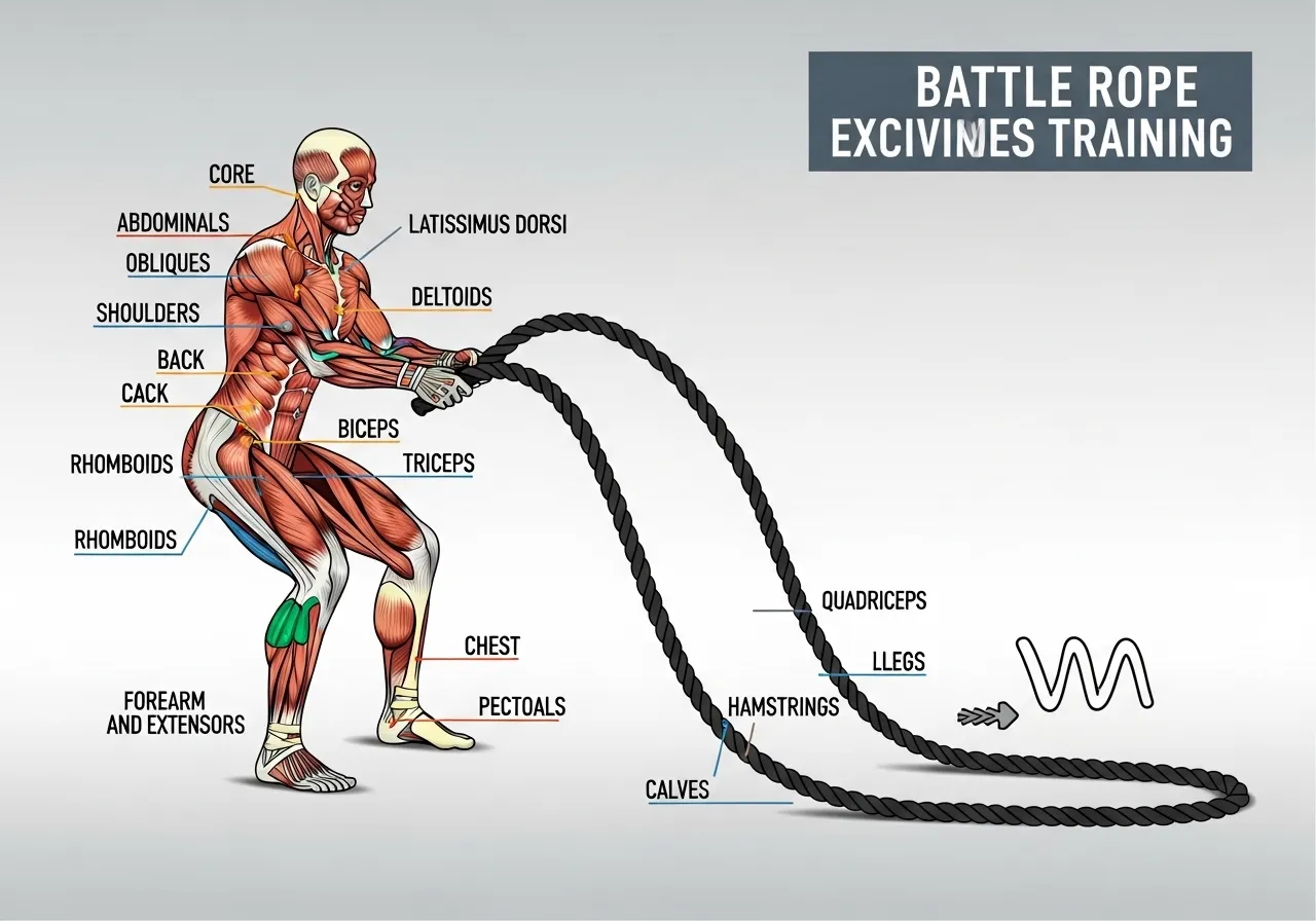 educational infographic showing muscle groups activated during battle rope training, full body silhouette with highlighted muscles, professional fitness illustration style