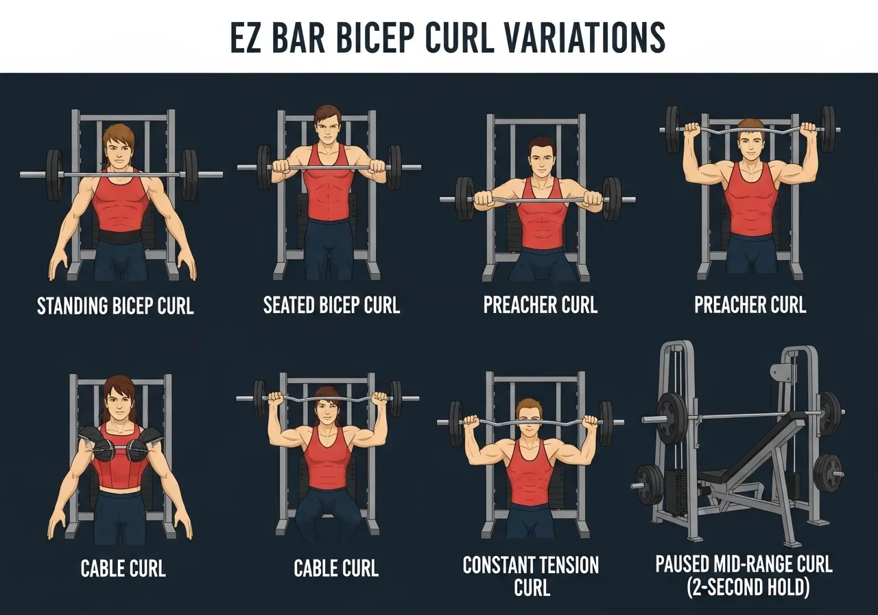 EZ bar curl five variations standing seated preacher cable paused sticking point goals technique