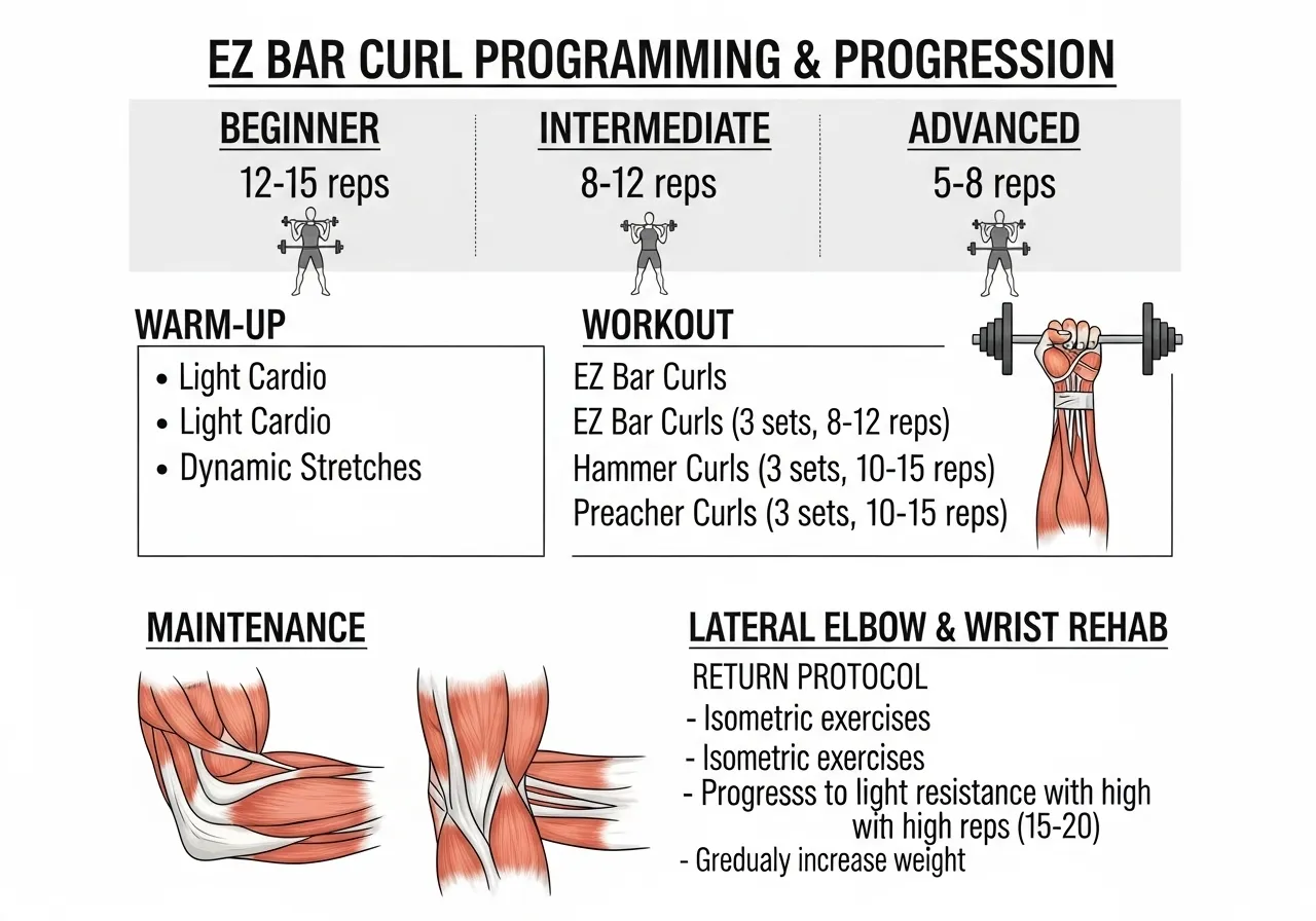 EZ bar curl programming beginner intermediate advanced lateral elbow wrist rehabilitation sessions volume