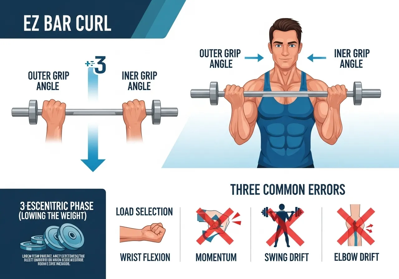 EZ bar curl technique grip selection elbow fixed eccentric control load selection errors momentum wrist flexion