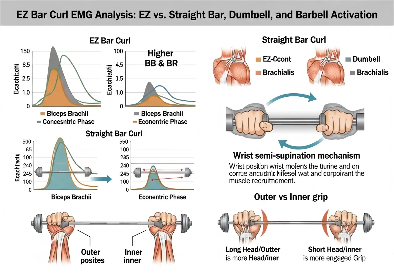 EZ bar curl vs straight bar vs dumbbell EMG bicep brachii brachioradialis wrist supination radioulnar grip position