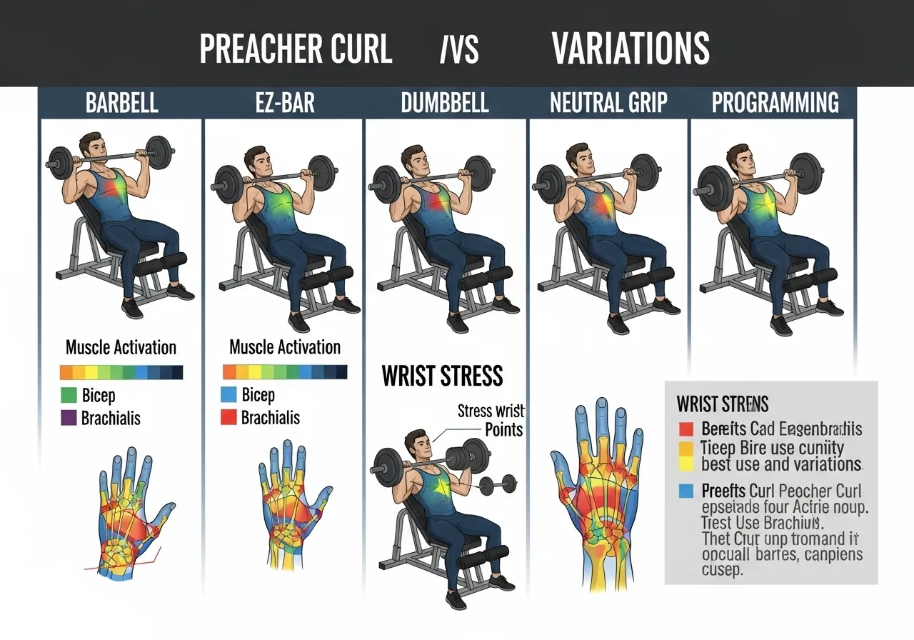 EZ bar versus barbell versus dumbbell preacher curl comparison table showing bicep activation brachialis wrist stress load potential best use