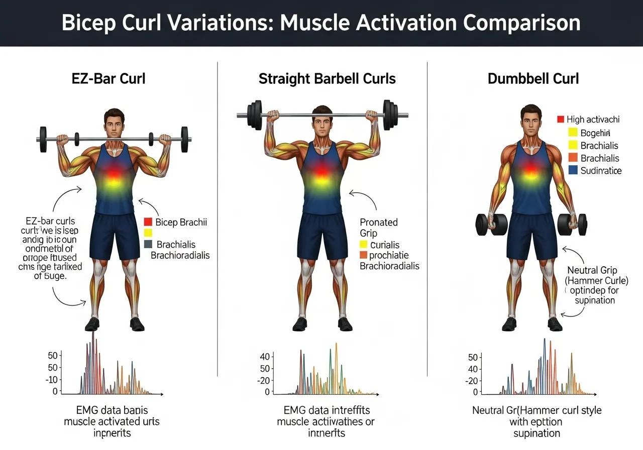 EZ bar vs straight bar vs dumbbell curl EMG activation comparison