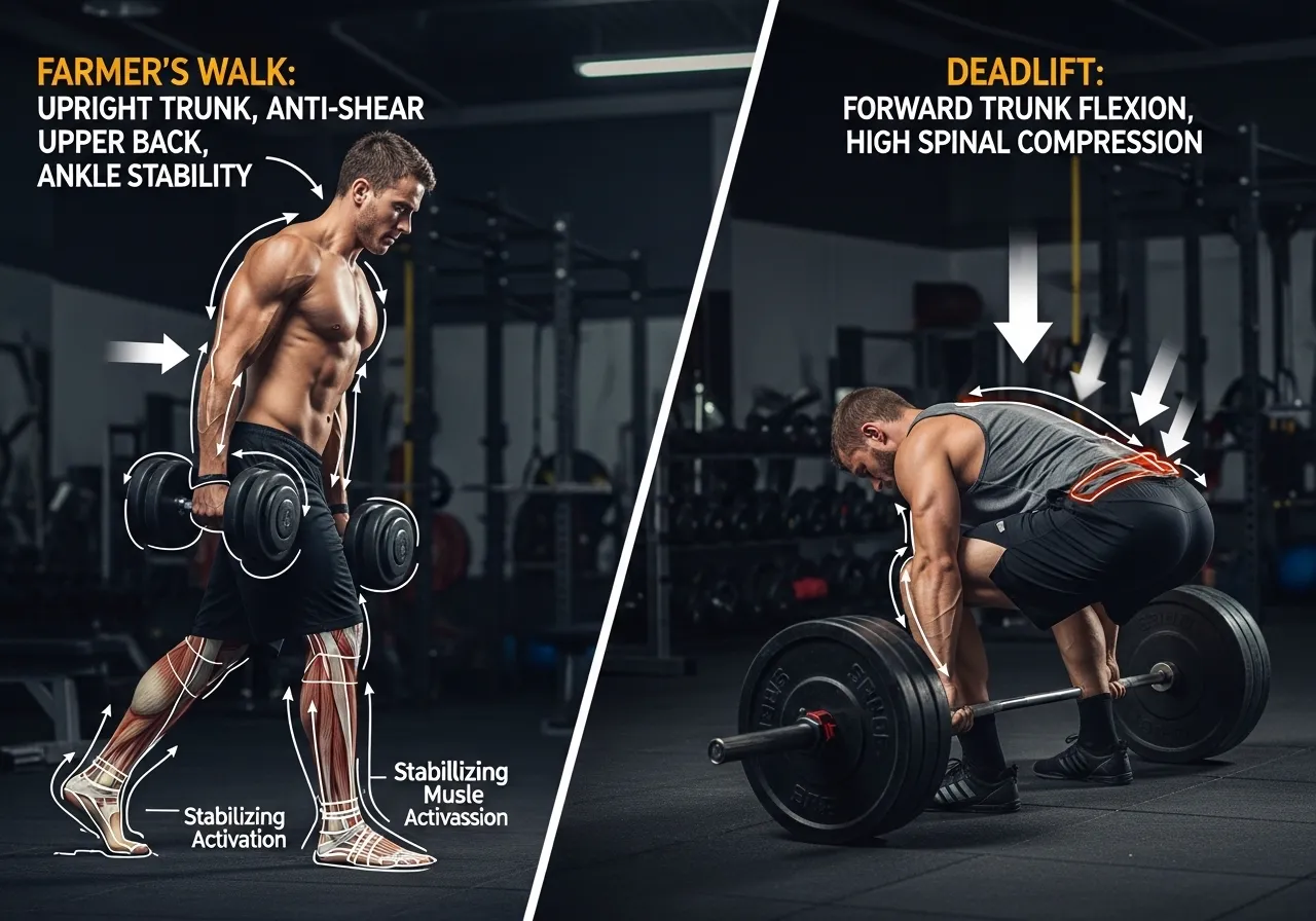farmer's walk biomechanics trunk position deadlift comparison gait kinematics anti-shear upper back ankle stability