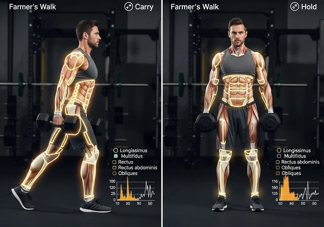farmer's walk core EMG carry vs hold longissimus multifidus rectus abdominis oblique activation locomotion gait