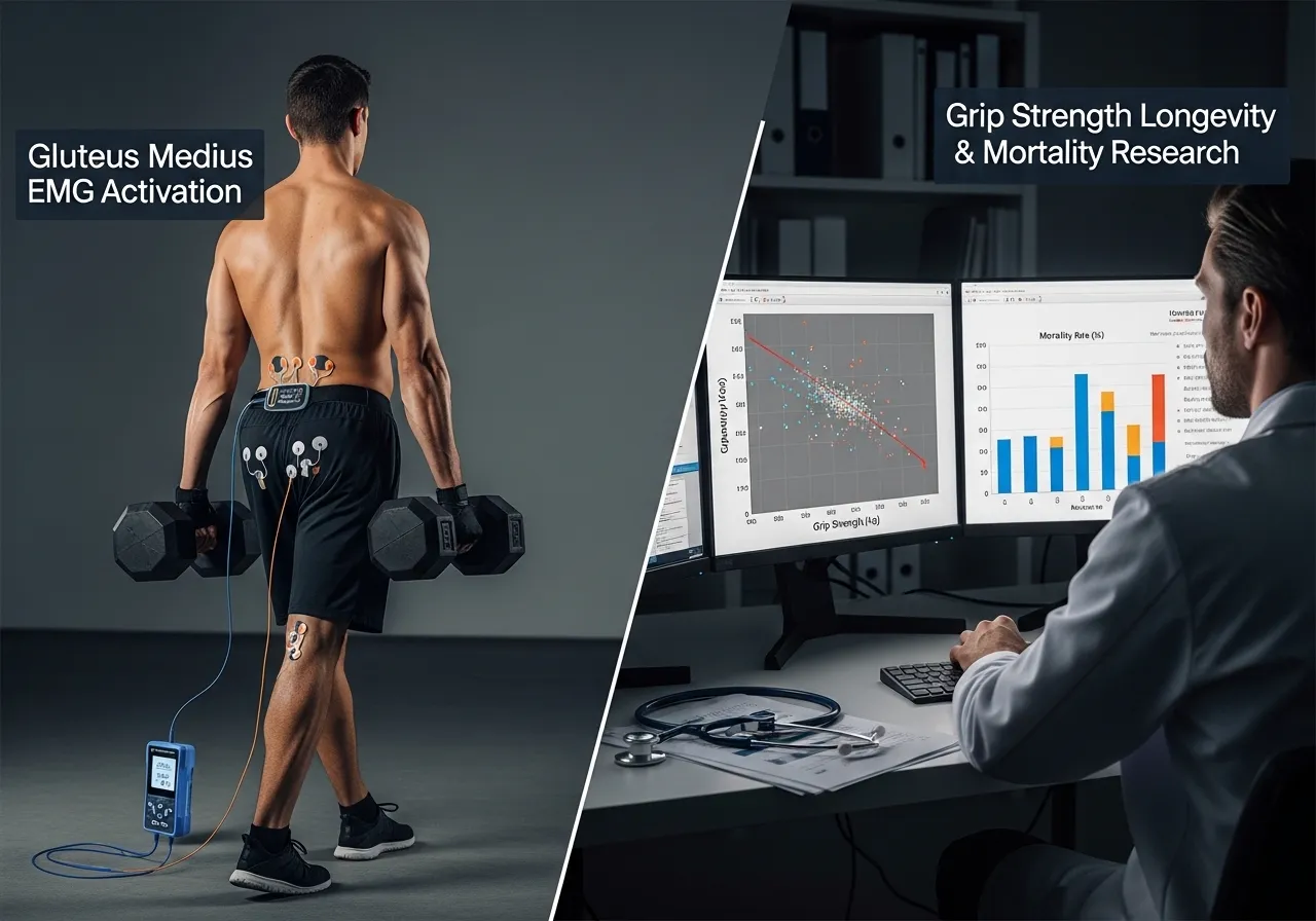 farmer's walk gluteus medius activation EMG strength ratio grip strength longevity mortality association research