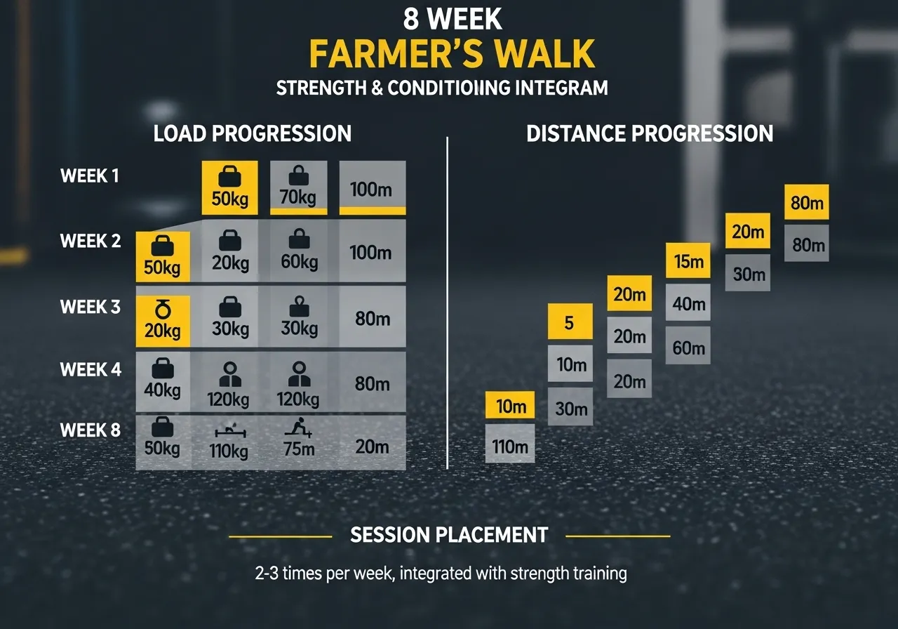 farmer's walk programming load distance session placement 8 week progression strength conditioning integration