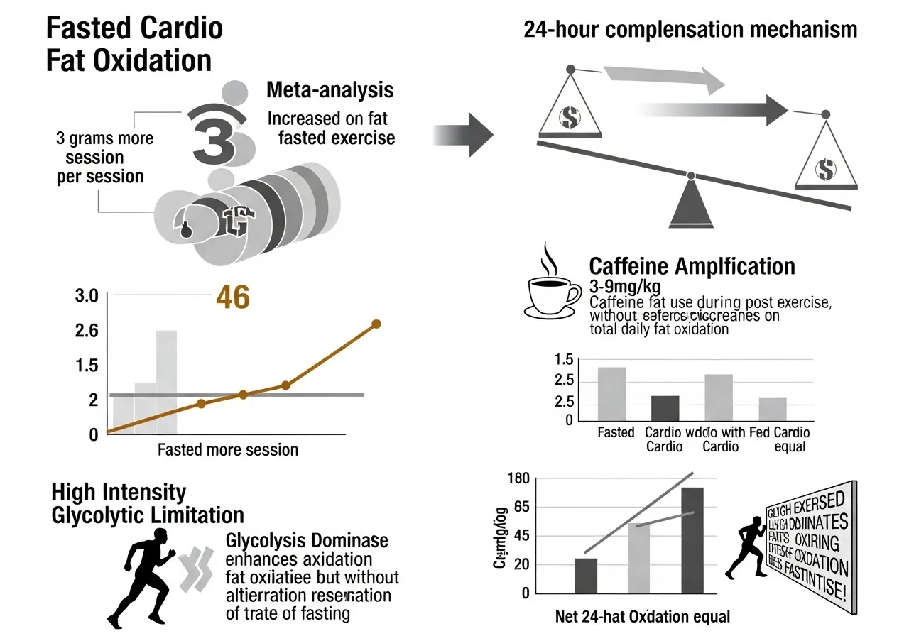 fasted cardio fat oxidation meta-analysis 3 grams more fed 24-hour compensation caffeine amplification high intensity limitation