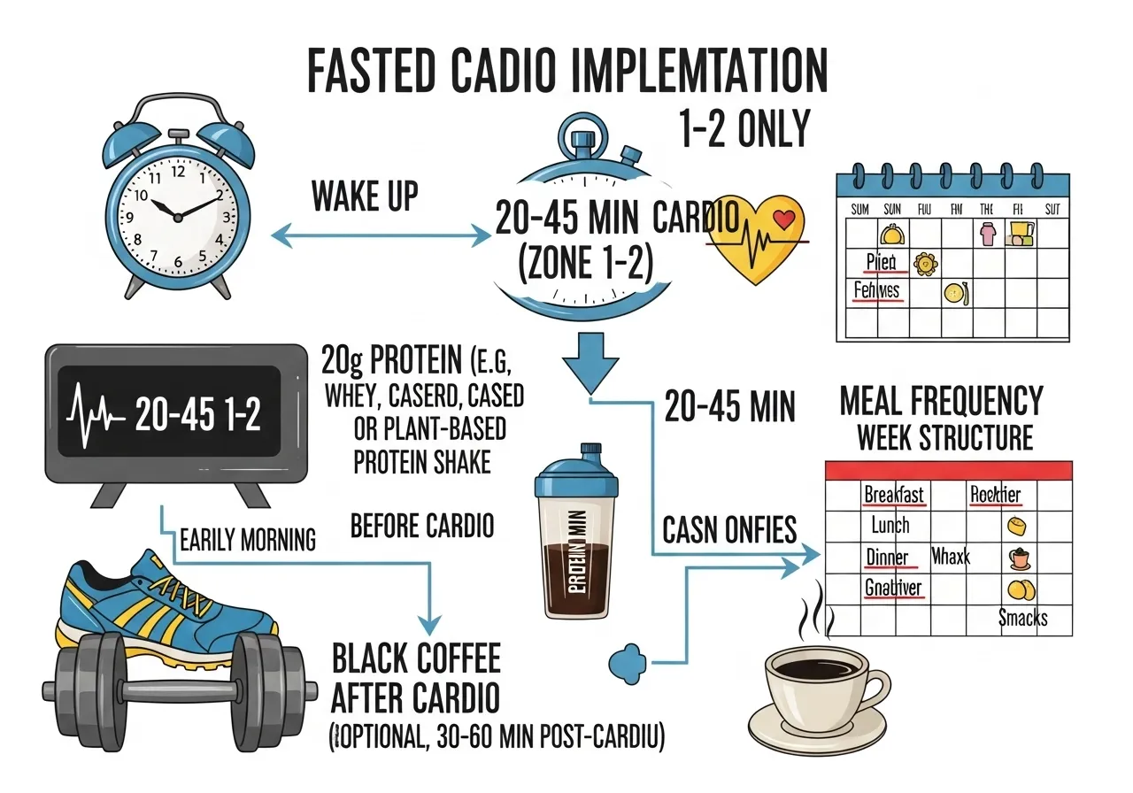 fasted cardio implementation intensity Zone 1 Zone 2 duration 20-45 minutes nutrition before protein after frequency sample week