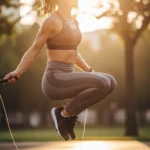 fit athlete doing jump rope workout outdoors in morning light, action shot mid-jump, athletic wear, dynamic motion blur on rope, motivational atmosphere, photorealistic
