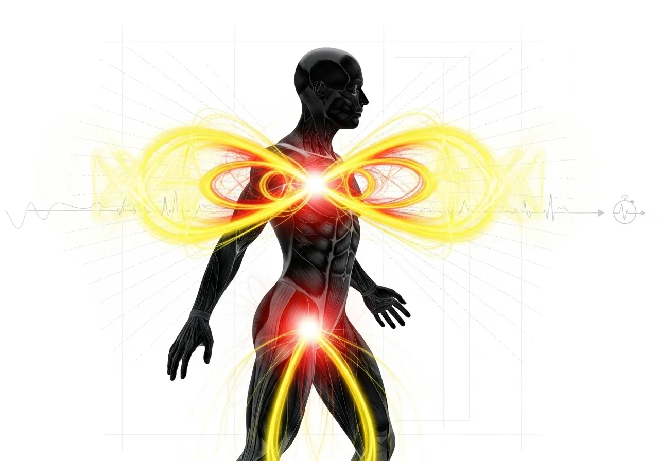fitness concept showing elevated metabolism and afterburn effect after HIIT workout, human body silhouette with heat energy visualization, clean scientific illustration style