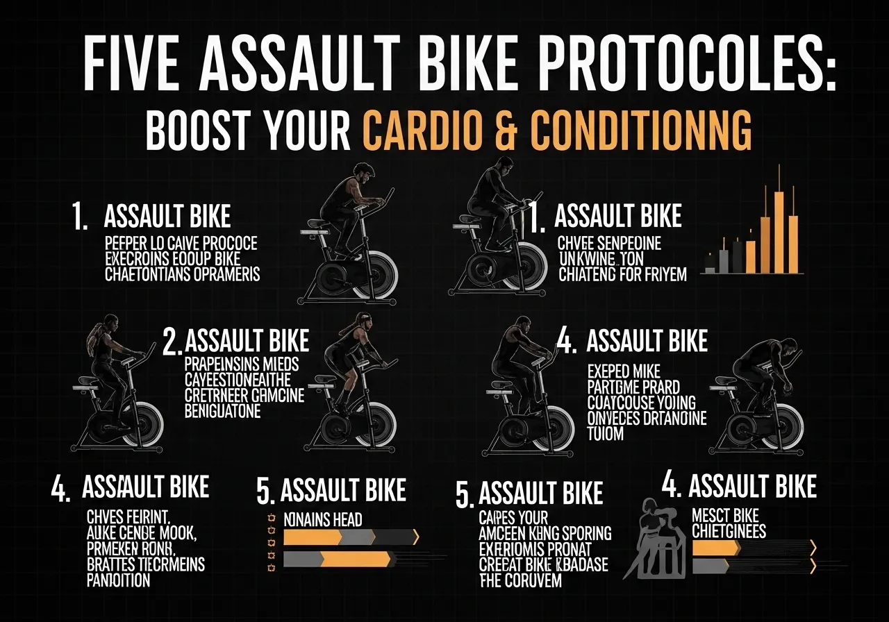 five assault bike protocols zone 2 tabata 10 second sprints 30-30 EMOM calorie target descriptions