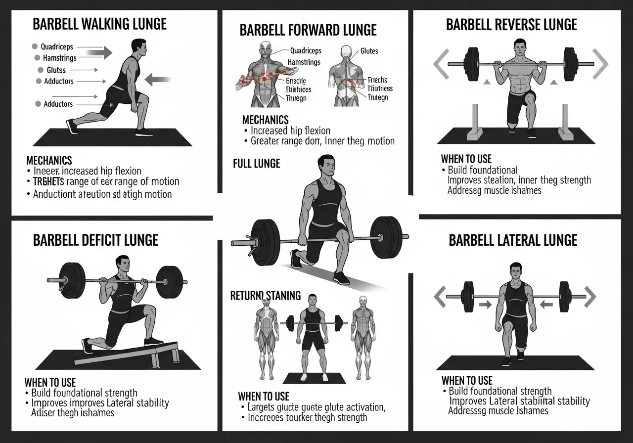 five barbell lunge variations forward stride return walking reverse deficit lateral mechanics targets when to use