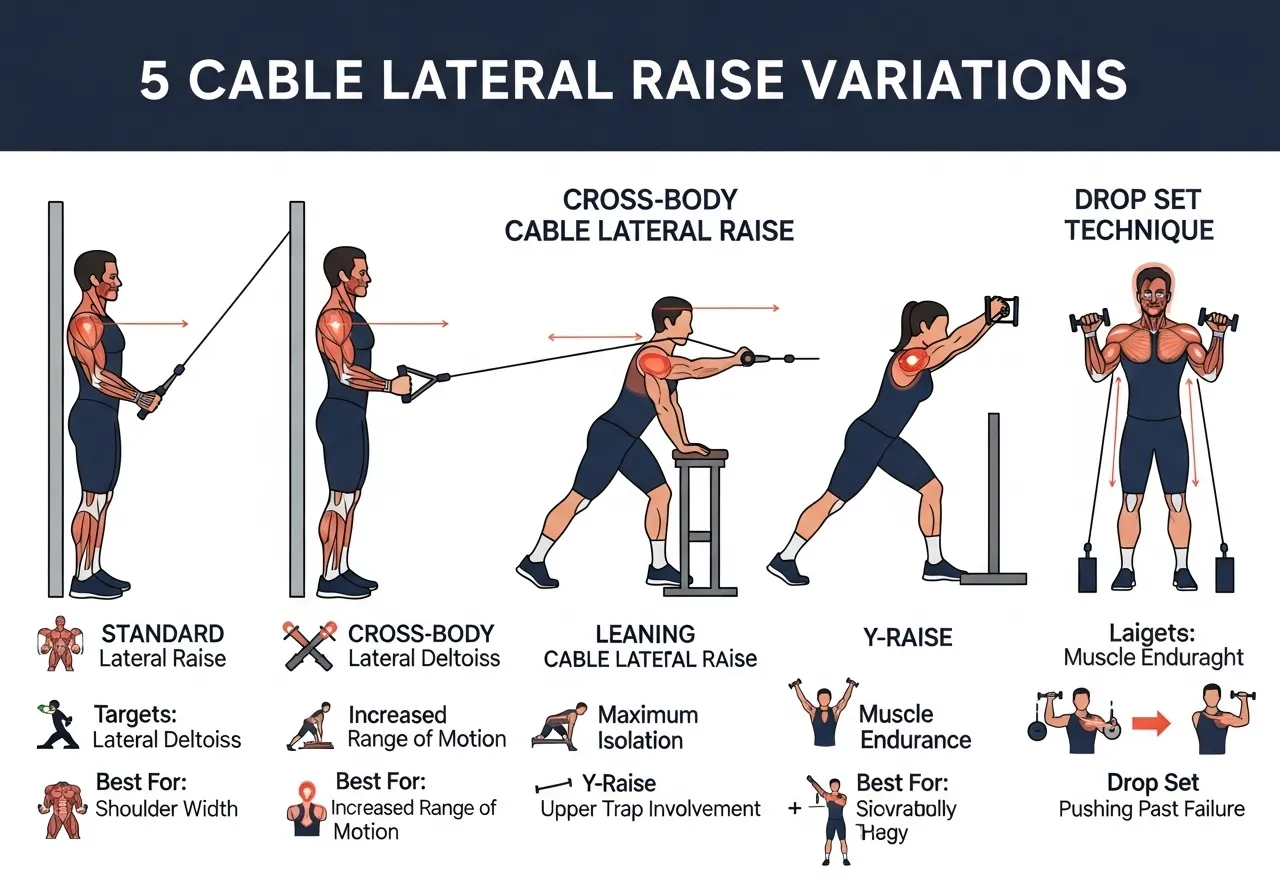 five cable lateral raise variations standard cross body leaning Y-raise drop set technique targets