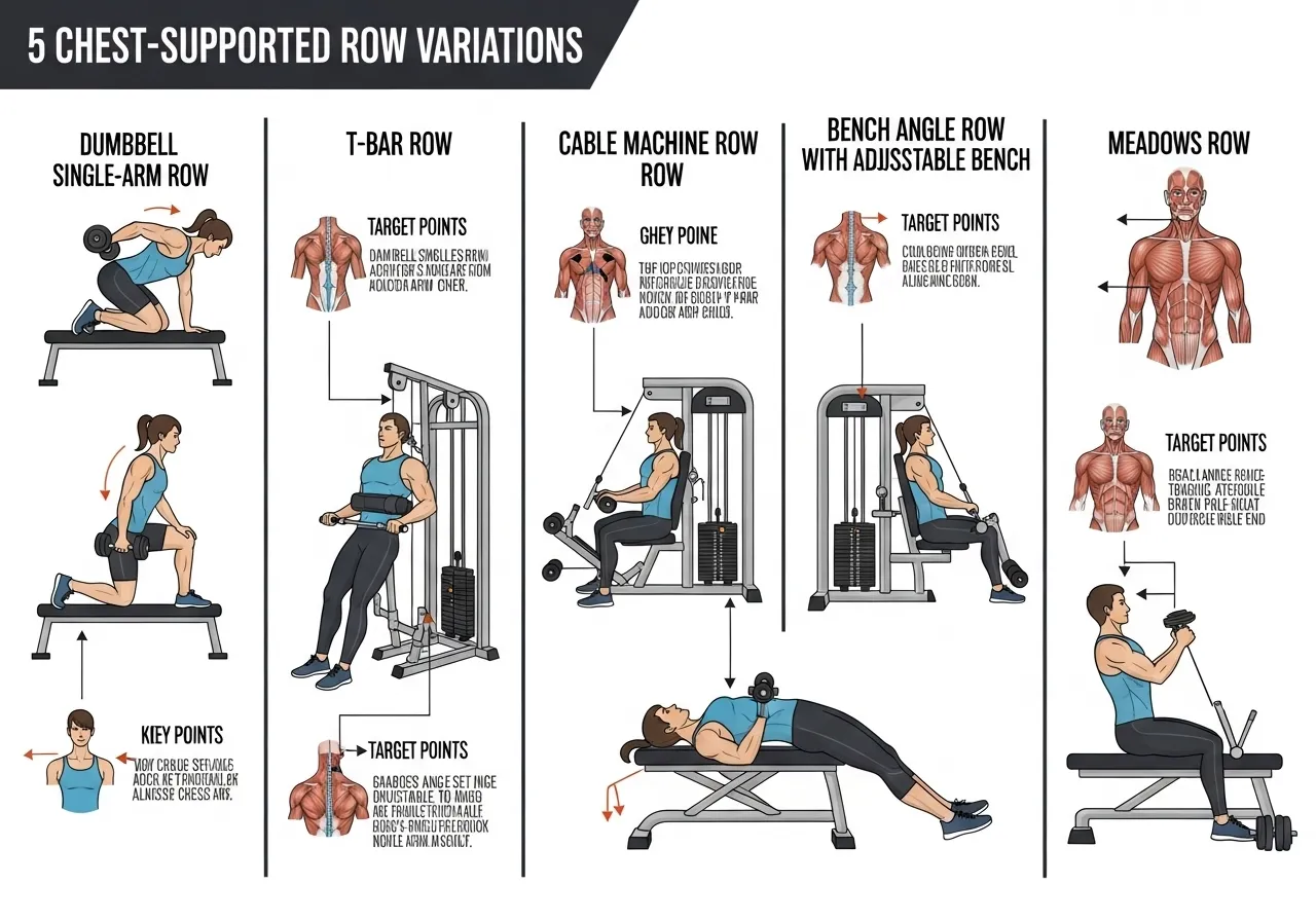 five chest supported row variations dumbbell single arm T-bar cable machine technique targets best for each