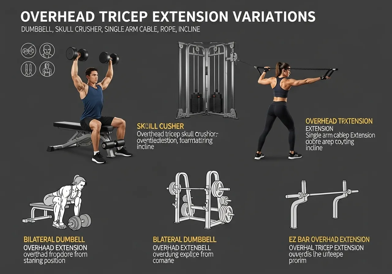 five overhead tricep extension variations seated dumbbell skull crusher single arm cable rope incline summary
