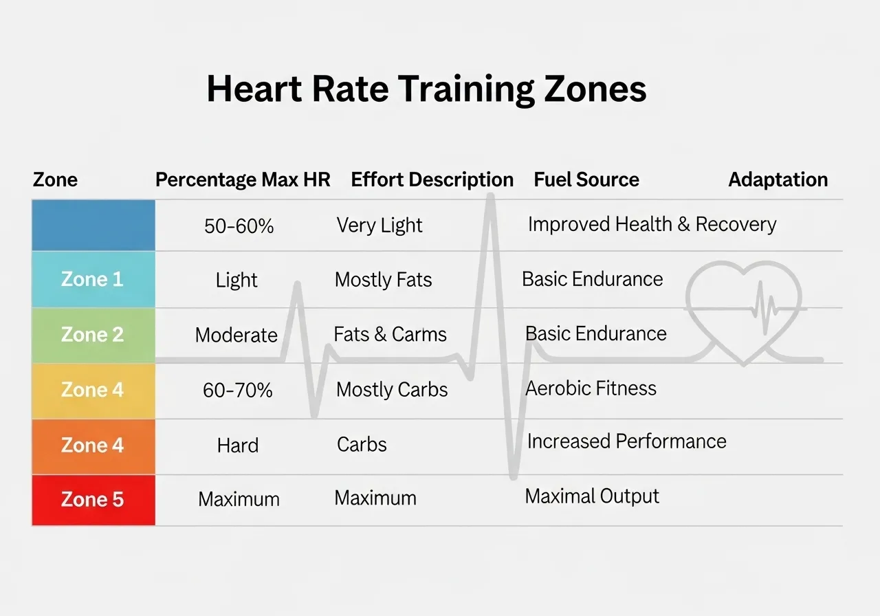 five zone heart rate system comparison table showing percent max HR effort feel primary fuel main adaptation clean layout fitness infographic