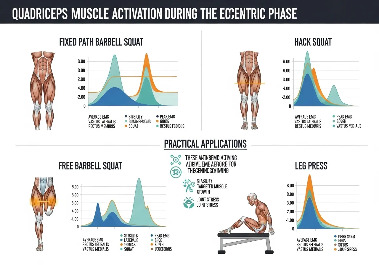 fixed versus free barbell path squat EMG research infographic showing quadriceps activation difference eccentric phase practical implication