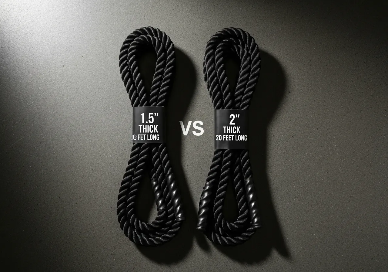 flat lay comparison of different battle rope thicknesses and lengths on gym floor, 1.5 inch vs 2 inch ropes, measurement labels, clean product photography