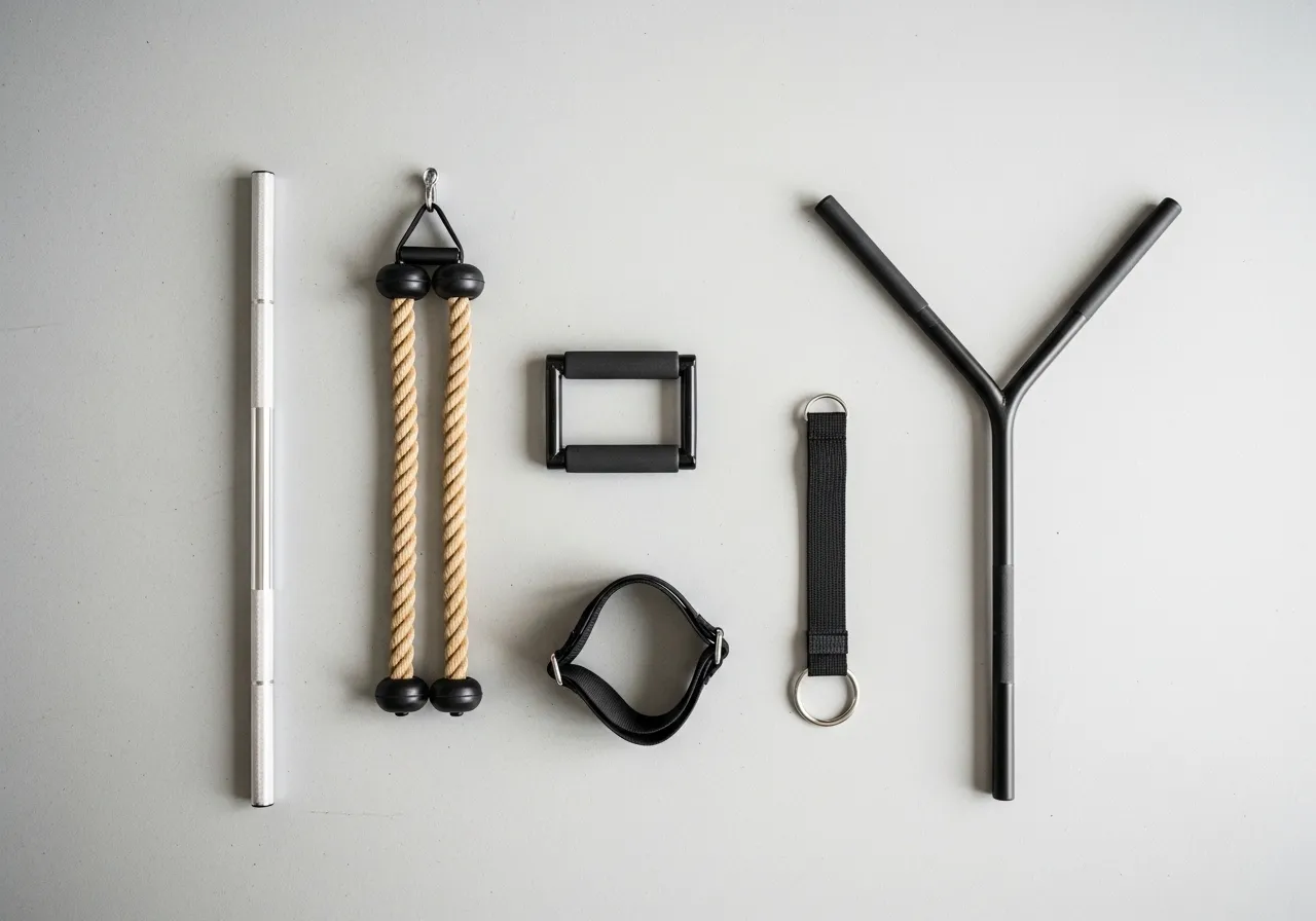 flat lay of various cable machine attachments - straight bar, rope, D-handle, ankle strap, tricep bar - organized on gym floor, clean product photography style