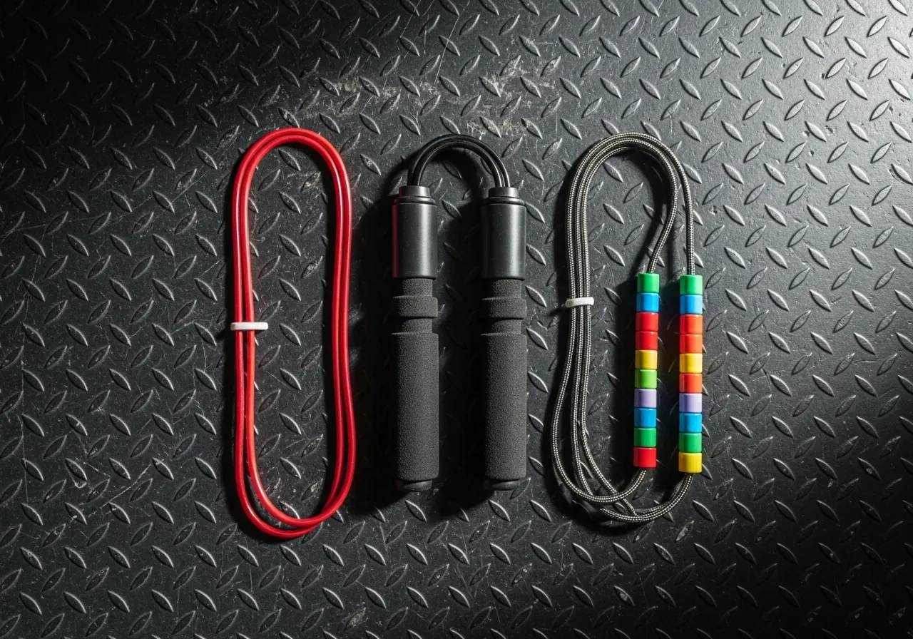flat lay product photography of different jump rope types - speed rope, weighted rope, beaded rope - on gym floor, clean composition, natural lighting