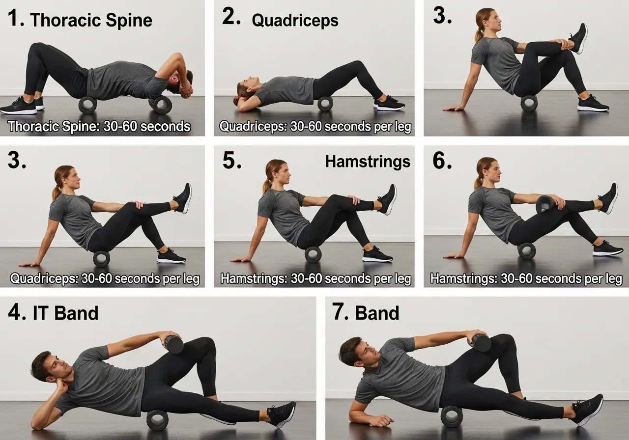 foam rolling 7 techniques thoracic spine quadriceps hamstrings IT band calves glutes
