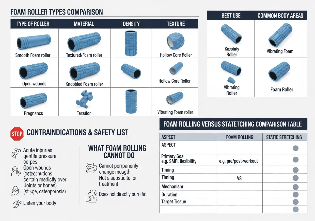 foam rolling tools types contraindications what it cannot do vs stretching comparison
