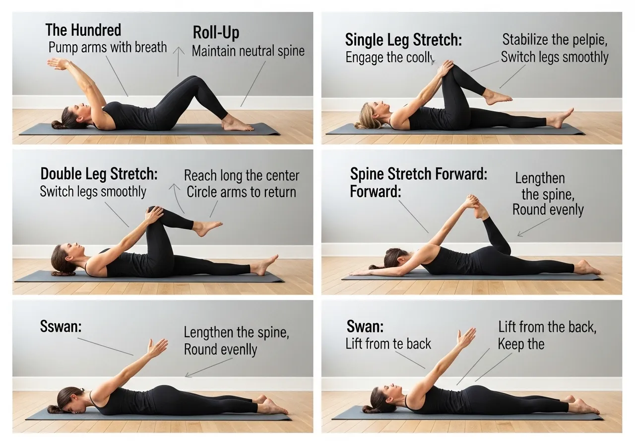 foundational Pilates exercises mat hundred roll-up single double leg stretch swan plank