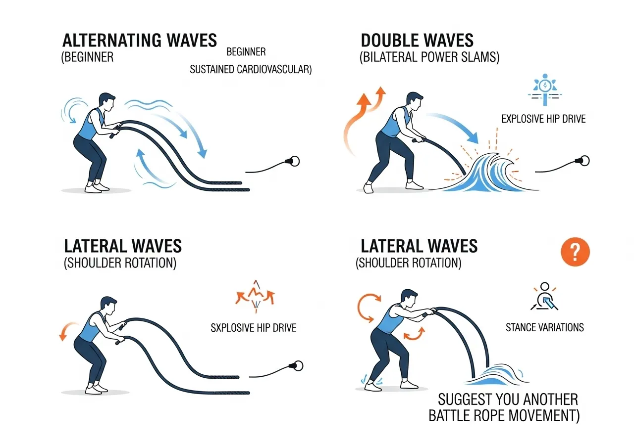 four battle rope movements alternating double waves slams lateral waves targets technique stance variations