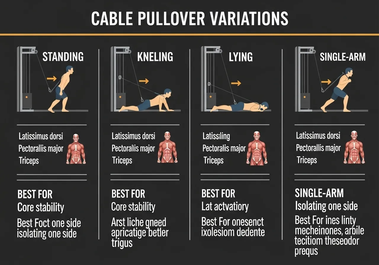 four cable pullover variations standing kneeling lying single arm targets technique when to use each