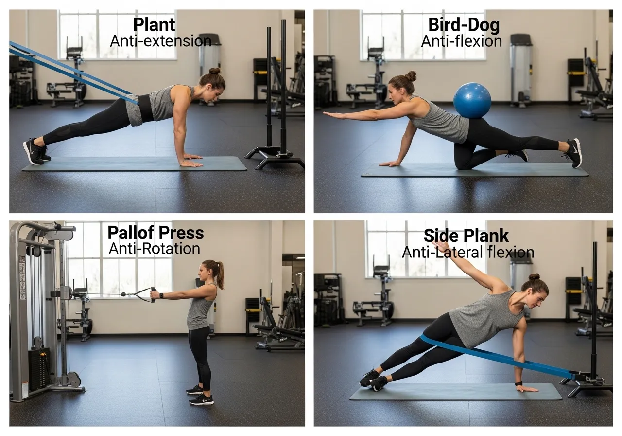 four core stability movements anti-extension anti-flexion anti-rotation anti-lateral