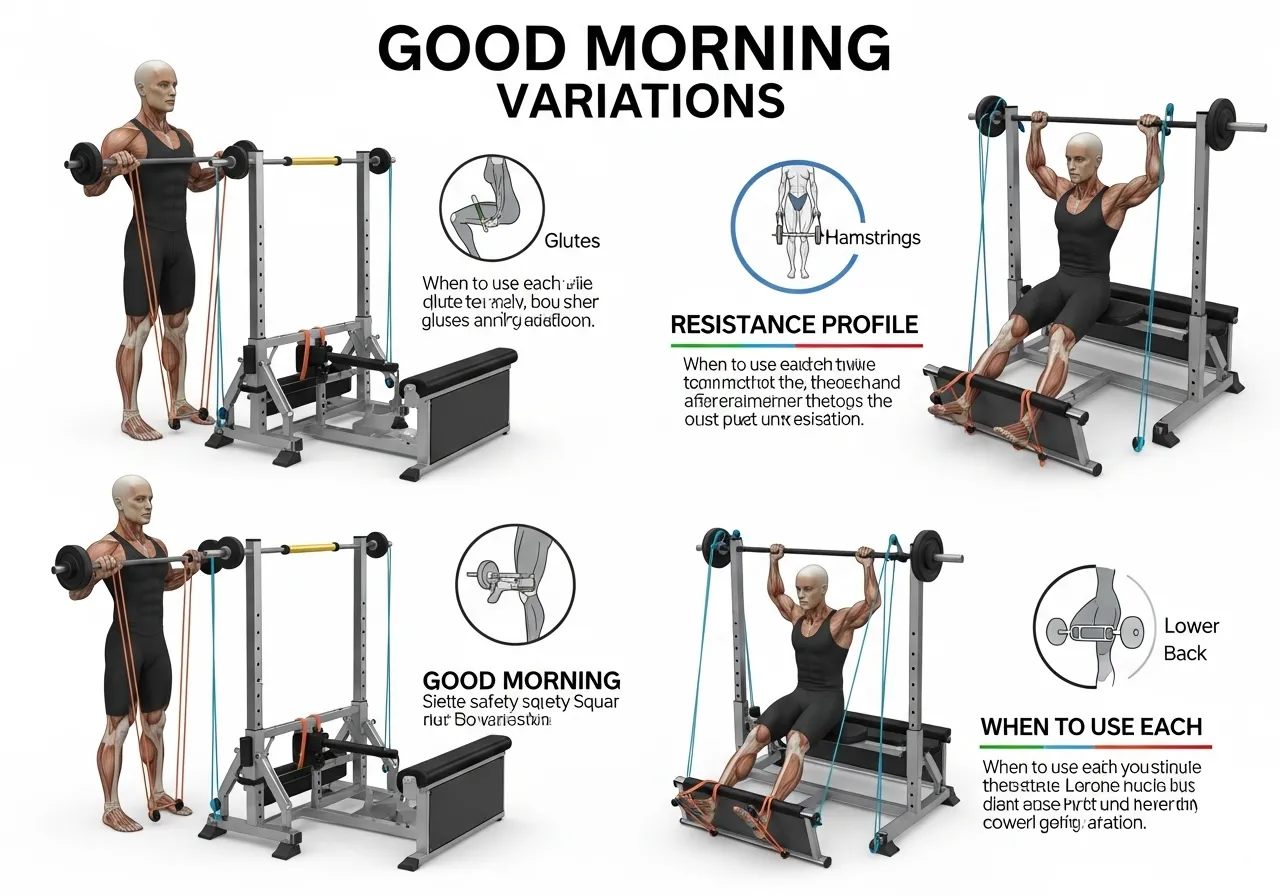 four good morning variations conventional seated banded safety squat bar targets technique key points