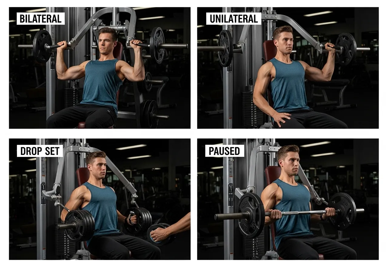 four machine shoulder press variations bilateral unilateral drop set paused targets technique best for each