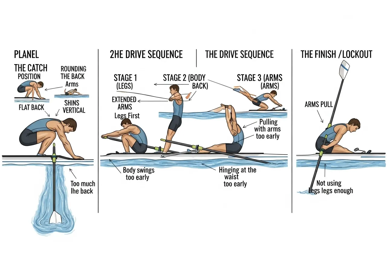 four phases rowing stroke catch drive finish recovery sequence legs body arms technique