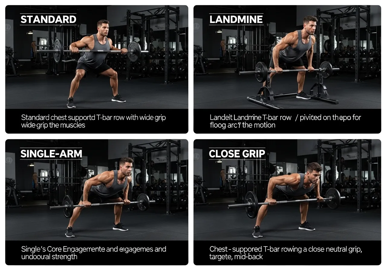 four T-bar row variations standard chest-supported landmine single-arm targets technique best for each
