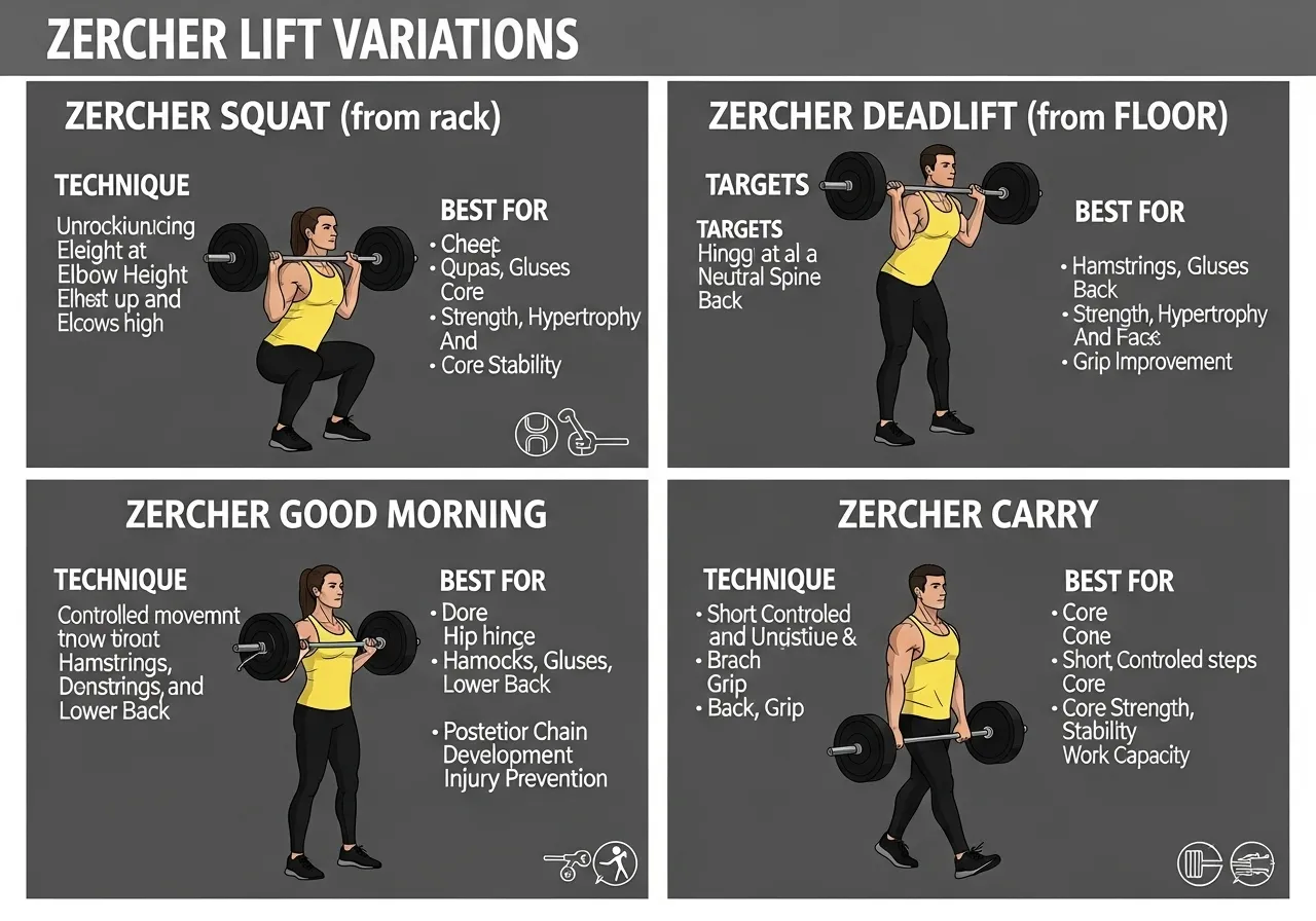four Zercher squat variations standard deadlift good morning carry targets technique best for each