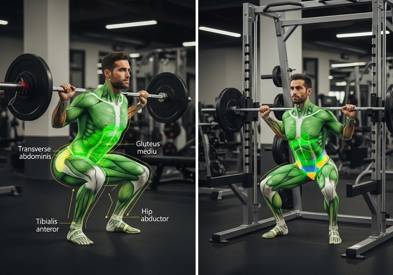 free weights stabilizer muscle activation vs Smith machine