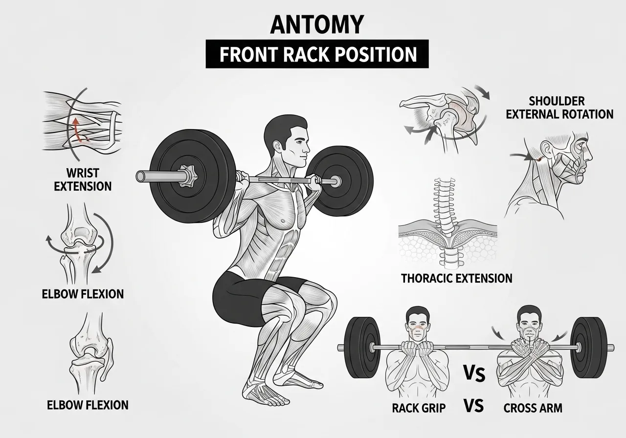 front rack position anatomy guide showing four mobility requirements wrist extension elbow flexion shoulder rotation thoracic extension rack grip vs cross arm grip