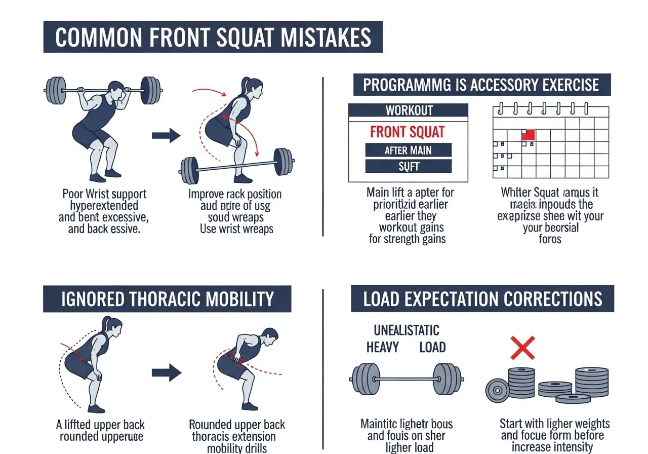 front squat four errors guide showing wrist support elbow drop accessory programming thoracic neglect load expectation