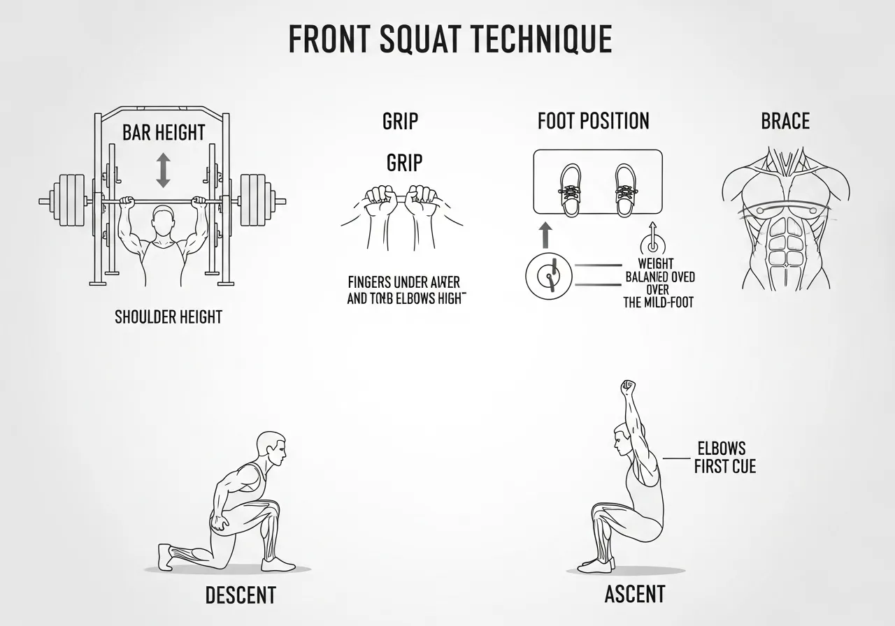 front squat technique phase by phase showing setup rack position four points descent elbow cue ascent elbows first