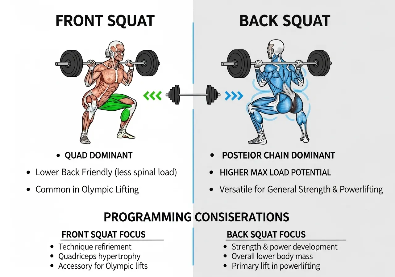 front squat vs back squat comparison table when to use each quad dominant lower back sensitivity olympic lifting posterior chain