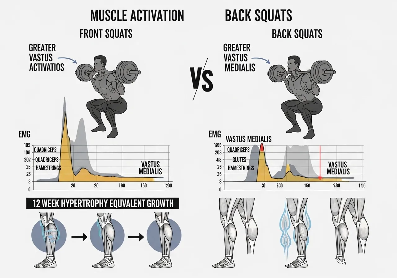 front squat vs back squat EMG research vastus medialis quad activation bodybuilder squat variations 12 week hypertrophy comparison